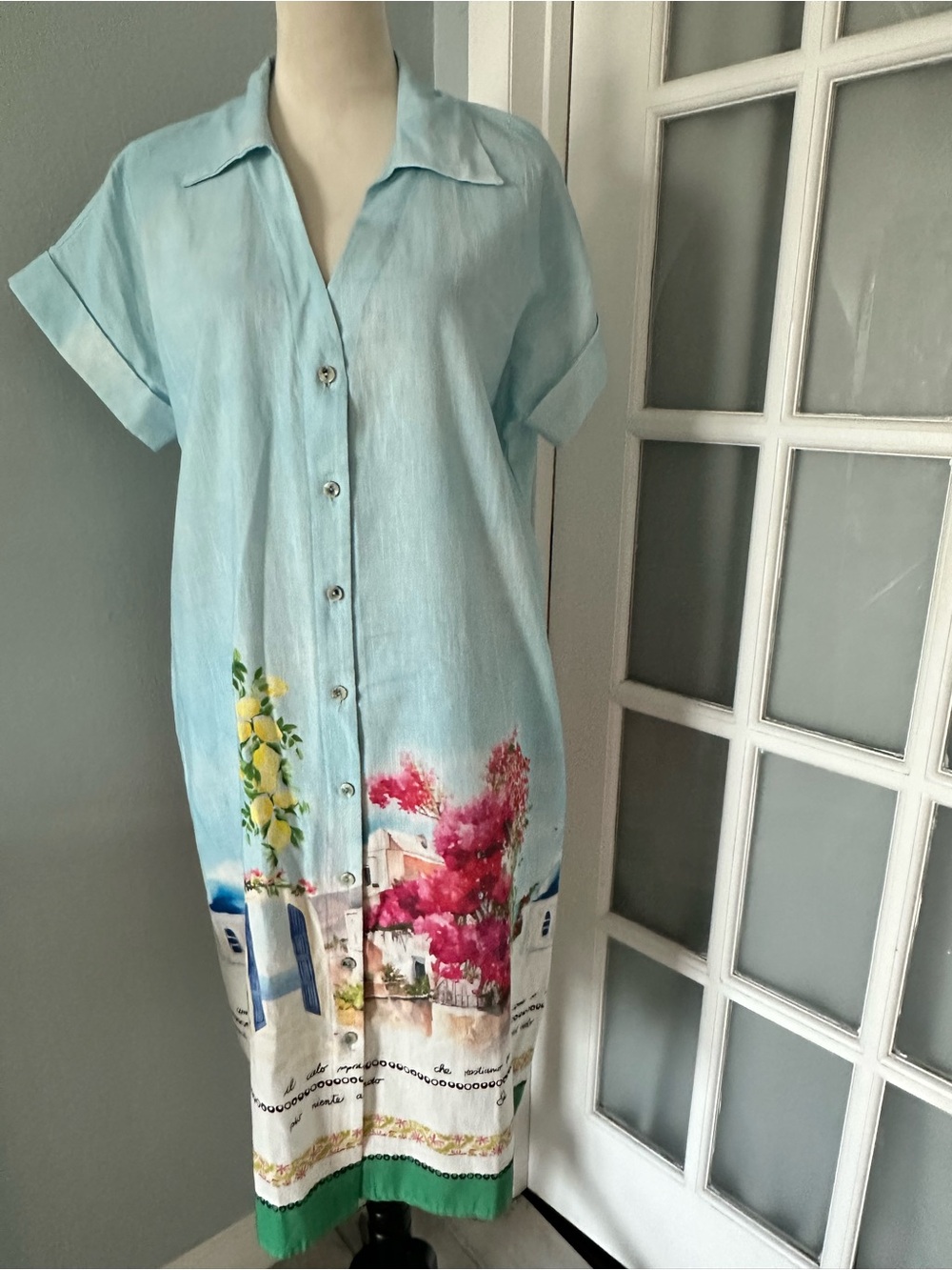 Light Blue Button-Front Midi Dress with Coastal Floral Border